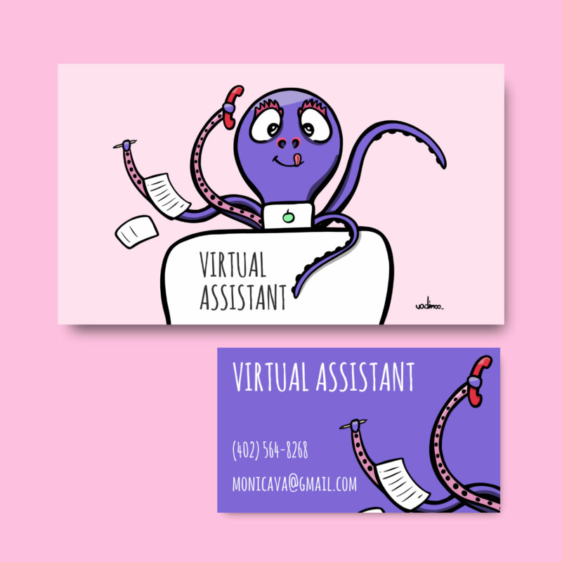 Illustrated Virtual Assistant Business Card – Custom Hand-Drawn Multitasking Character Design